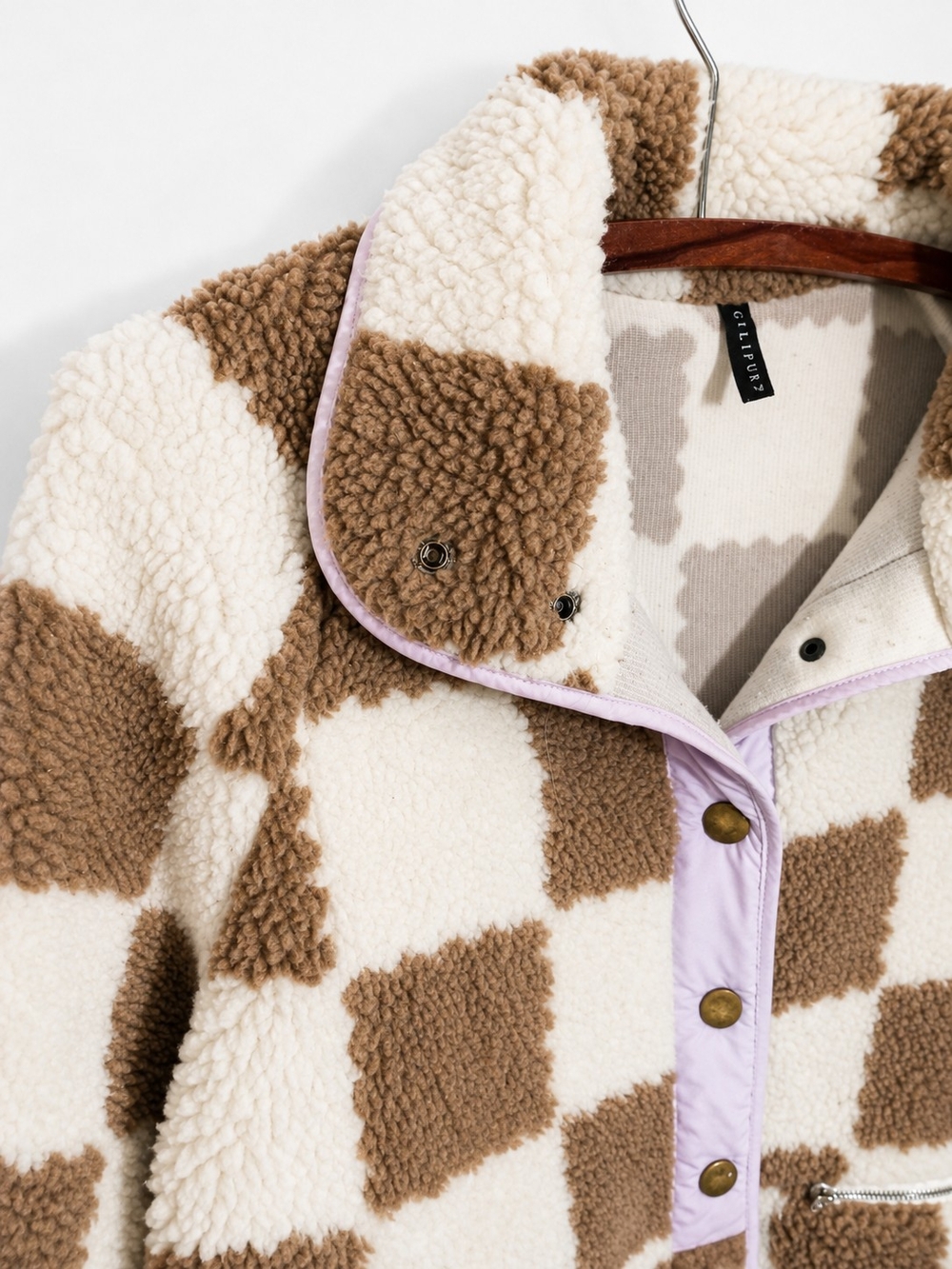 Gilipur Women’s Brown Cream Checkered Sherpa Fleece Jacket Teddy Coat Y2K - Picture 4 of 7